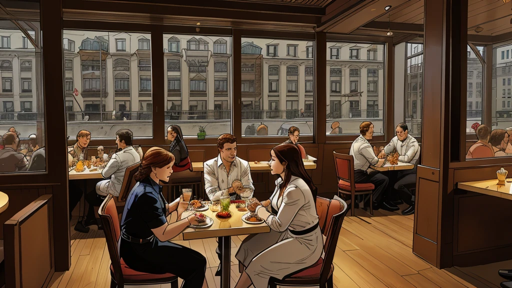 a restaurant, a restaurant в москве, public place, indoors, big windows, luxury, дорогой a restaurant, people have lunch, workers greet guests, Marvel Comics Style, comics