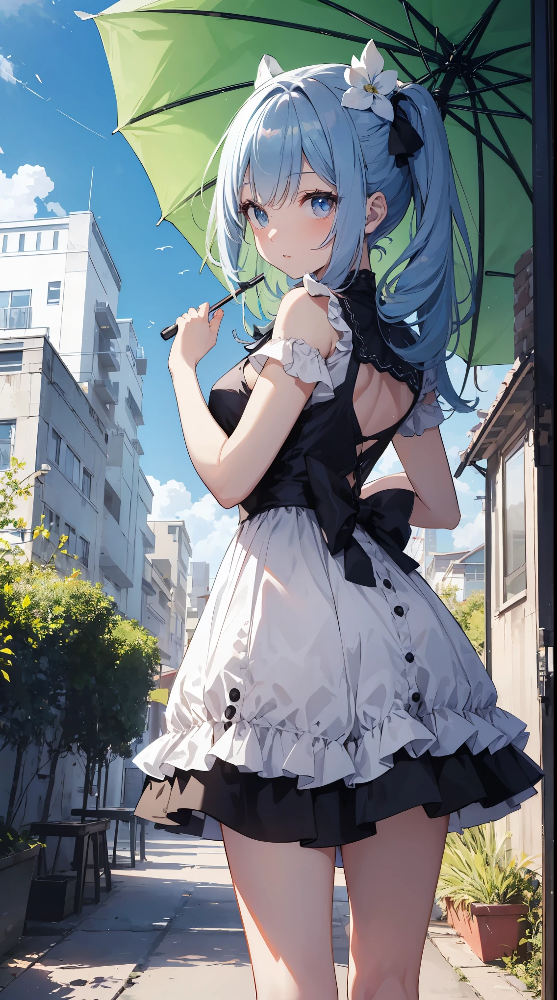 This illustration depicts a cute girl going on a holiday outing. She is in her twenties and has bright eyes. The place is like a park. However, the most noteworthy thing is the "last mysterious high-energy body" she emits. This energy body released from her body has the power to annihilate the garbage in the sky. The blue-white light reaches every corner. She is standing with a parasol and is wearing a dress. It's summer and it's very hot.