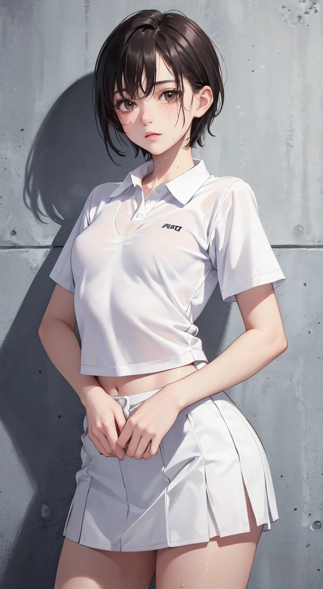 One Girl, alone, White polo shirt, White sneakers, Tennis Wear, White mini skirt, masterpiece, Highest quality, Realistic, Very detailed, (Glowing Skin, Sweaty:1.4), Absurd, View your audience, Short black hair, Brown eyes, thin, Dynamic Lighting, High resolution, Sharp focus, Written boundary depth, fine grain, Sharp pupils, Realistic pupils, (Small breasts:1.6), (Thick thighs:1.0), Outdoor, null