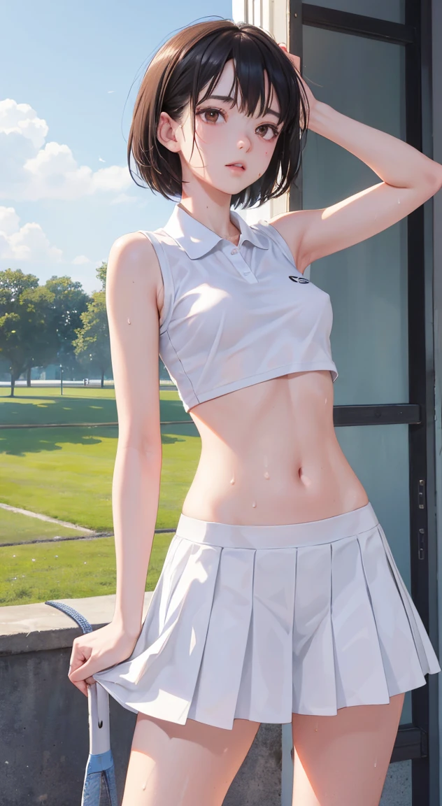 One Girl, alone, White polo shirt, White sneakers, Tennis Wear, White mini skirt, masterpiece, Highest quality, Realistic, Very detailed, (Glowing Skin, Sweaty:1.4), Absurd, View your audience, Short black hair, Brown eyes, thin, Dynamic Lighting, High resolution, Sharp focus, Written boundary depth, fine grain, Sharp pupils, Realistic pupils, (Small breasts:1.6), (Thick thighs:1.0), Outdoor, null