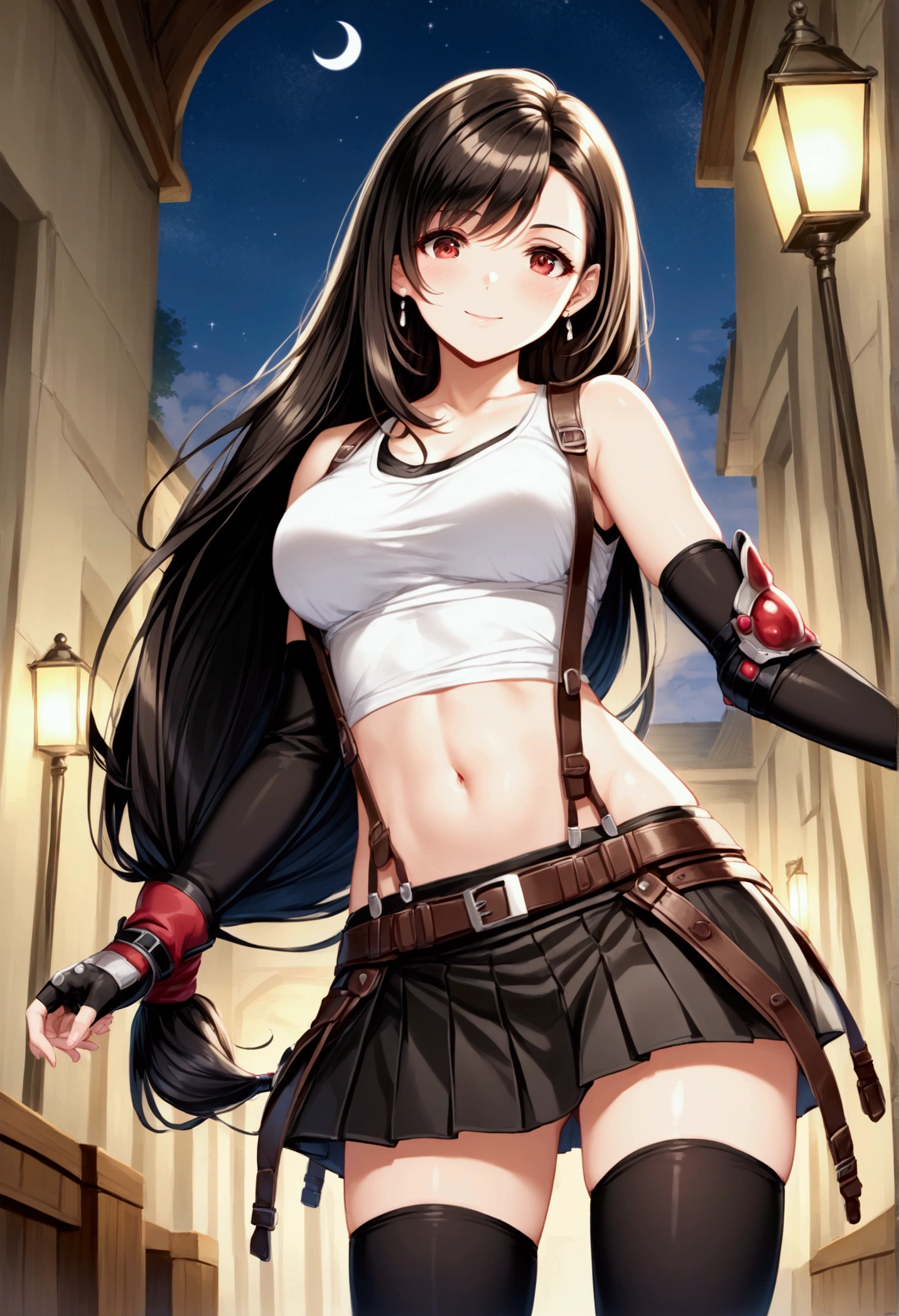 (score_9,score_8_up,score_7_up), masterpiece, best quality,
newest, recent, perfect anatomy,
official art, best perspective, depth of field,,
very aesthetic, illustration,,(Guts pose),(side pose),dynamicangle ,(upperbody) ,Solo,1girl, tifa lockhart, final fantasy,black hair, low-tied long hair, red eyes, bangs, (white tank top,gap),High exposure,Belly exposure,the ribs,(belt, pleated skirt, thighhighs, elbow fingerless gloves, elbow pads, midriff, navel,suspenders.skirt),beautiful waist ,(large_breast:1.3),light smile,,,outdoor,star sky,night,