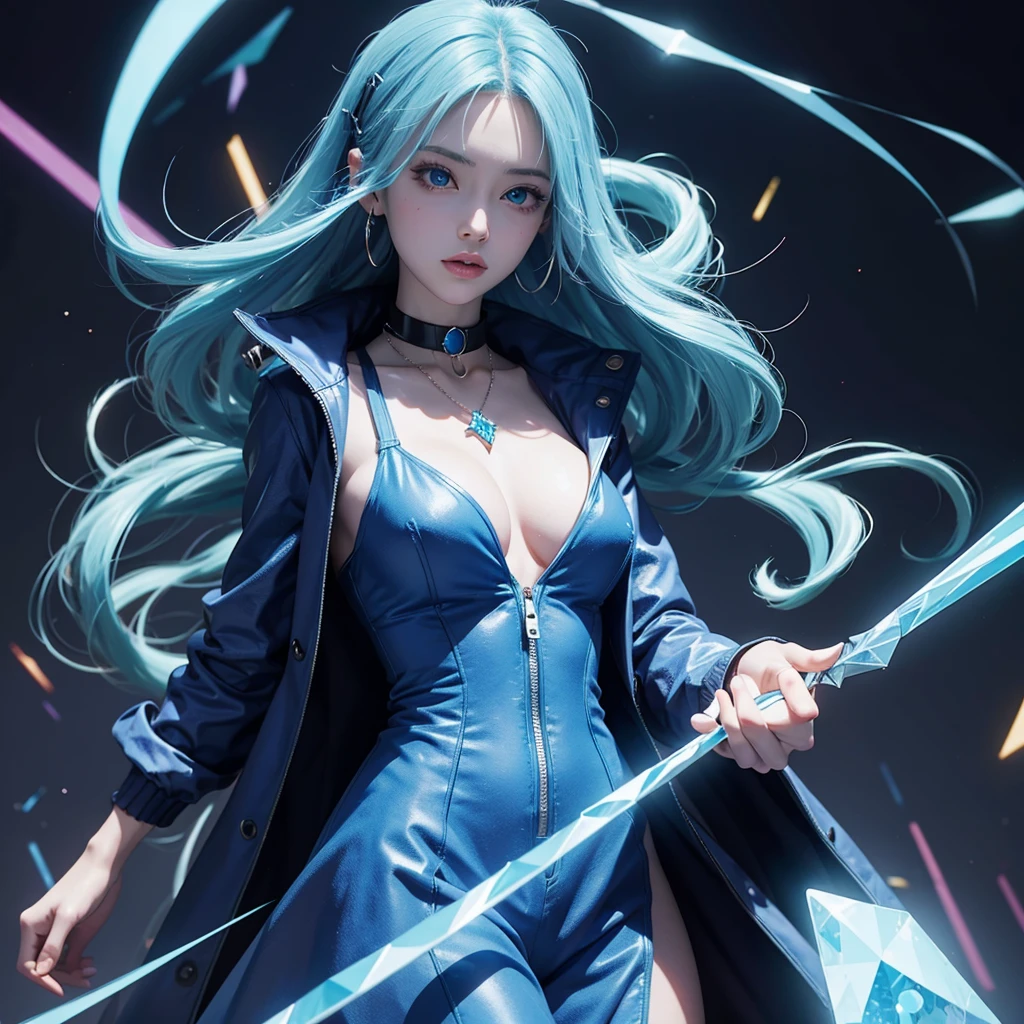 a cartoon anime hot girl,3d , animated,lighting neons,holding a blue diamond,wearing a coat
