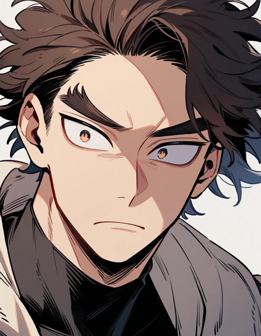 One boy, male focus, young, , boku no hero academia, Face portrait, Oval face, strong jaw and high cheekbones. Soft but marked features. Slightly almond-shaped eyes framed by long, straight eyelashes, deep gaze. Expression of concentration. Thick eyebrows. Dark brown hair, short and slightly messy. Strands that fall on the forehead. Carefree but careful style. masterpiece. best quality. very aesthetic. proportionally anatomical. Detailed illustration, medium close up portrait. Black t-shirt.