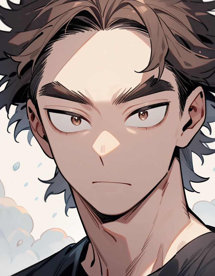 One boy, male focus, young, , boku no hero academia, Face portrait, Oval face, strong jaw and high cheekbones. Soft but marked features. Slightly almond-shaped eyes framed by long, straight eyelashes, deep gaze. Expression of concentration. Thick eyebrows. Dark brown hair, short and slightly messy. Strands that fall on the forehead. Carefree but careful style. masterpiece. best quality. very aesthetic. proportionally anatomical. Detailed illustration, medium close up portrait. Black t-shirt.