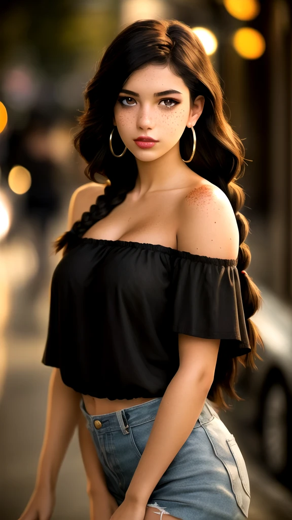 masterpiece,best quality, realistic illustration, style of Philip Lorca diCorcia,
cinematic film still portrait of a girl aged 18yo, 1girl, solo, black long hair, large braid, olive eyes, toned body, massive breasts, big nipples, dark skin, dark makeup, wearing an off the shoulder blouse, hoop earrings, perfect lips, posing for the camera, pretty face, cute face, vignette, highly detailed features, highly detailed body, high budget, bokeh, cinemascope, moody, epic, gorgeous, whole body photo, film grain, grainy