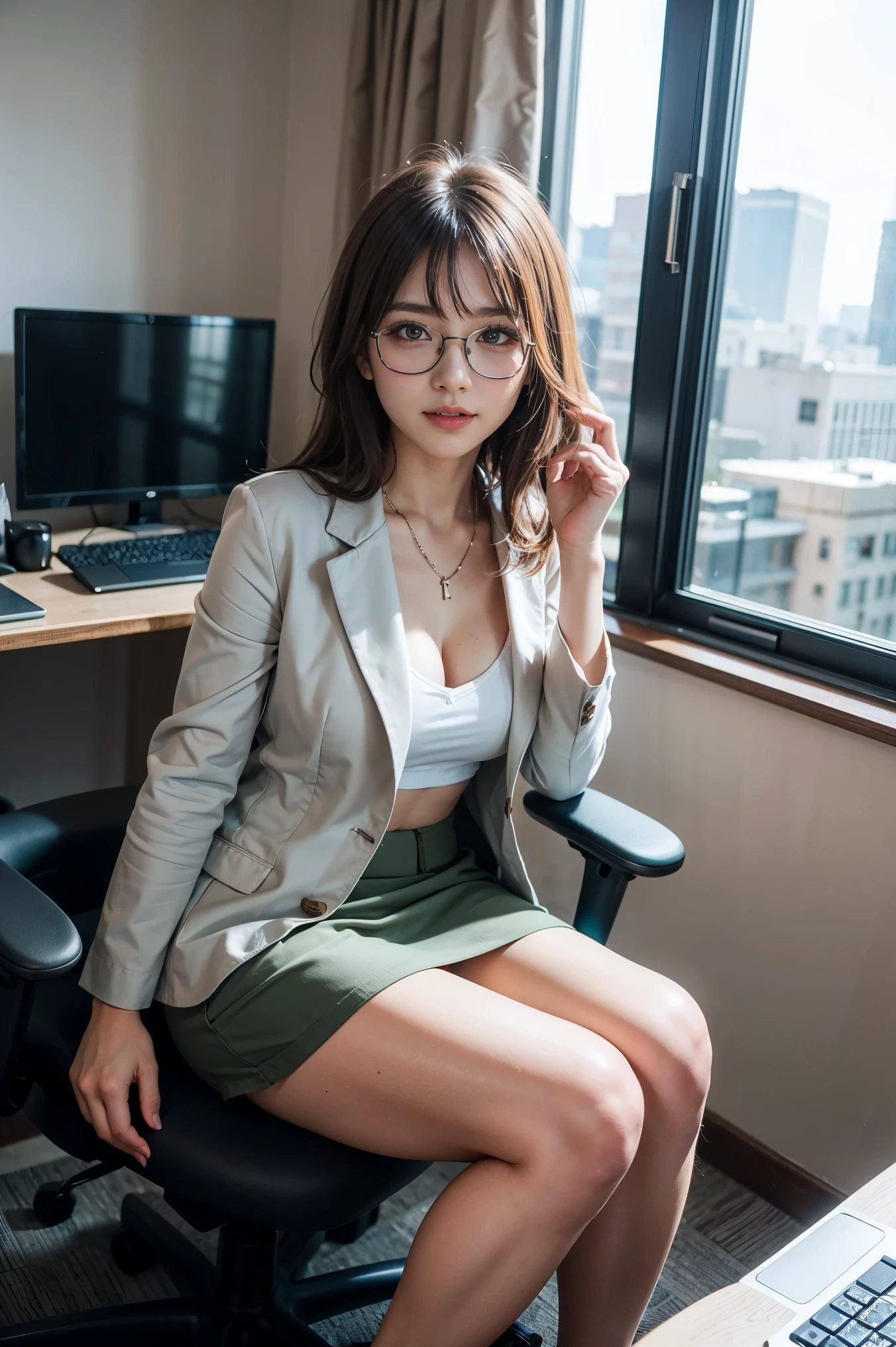from below:1.4,pov,from front,cowboy shot,BREAK (8k RAW Photo,Live shooting,Top quality,masterpiece:1.37),Ulzzang-6500-v1.1,extreme light and shadow,oily skin:1.6,shiny skin:1.6,shiny hair:1.3,detailed clavicle,((A woman who works on one PC)),27yo,idol,3D,BREAK(looking at laptop PC),perfect eyes,Detailed and beautiful eyes,beautiful eyelashes,perfect anatomy,BREAK ((blonde hair:1.6),(blonde medium long hair1.4),hanging bangs:1.2,(shiny Aqours eyes),Smile:1.4,BREAK (wearing glasses),light makeup:0.6,Thin necklace:1.3,Fashionable watch:1.2,BREAK large breasts,cleavage:0.3,BREAK ((Mint green office suit),(Mint green tight skirt:1.37,A skirt with a Mint green slit:1.2)),(dark brown sheer stockings:1.6),(Mint green high heels),BREAK ((sitting on the office Chair),(Cross one's legs:1.3)),(Work with a mouse in one hand,Hit the keyboard):1.3),BREAK ((In an office room on a high floor in the city, desks are lined up,whiteboards with graphs,office racks,a lot of books,modern offices,urban buildings seen from large windows,sunlight through the windows, dusk,Laptop PC, keyboard,computer mouse,office chair),(houseplants:1.3)),depth of field,noise filter:1.6,Grey Film filter,lens flare,bokeh,