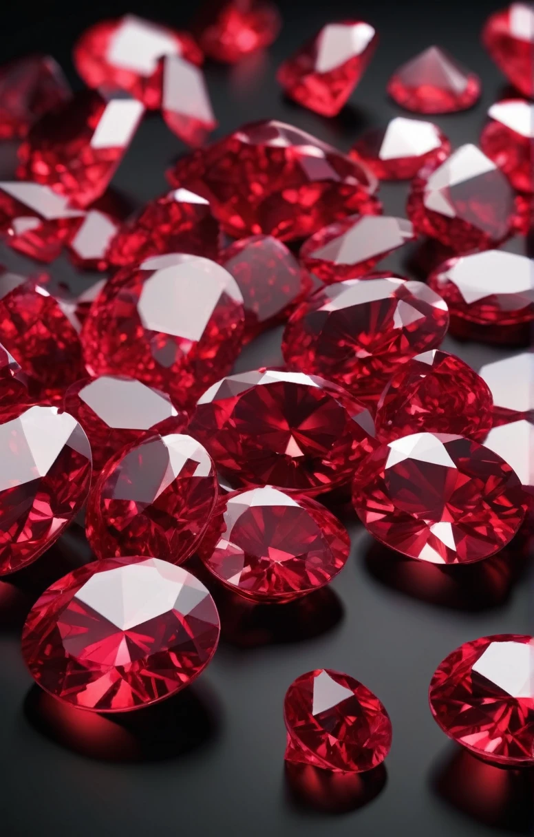 Faceted rubies lie in a pile 3D icon on a black background, side view, red light