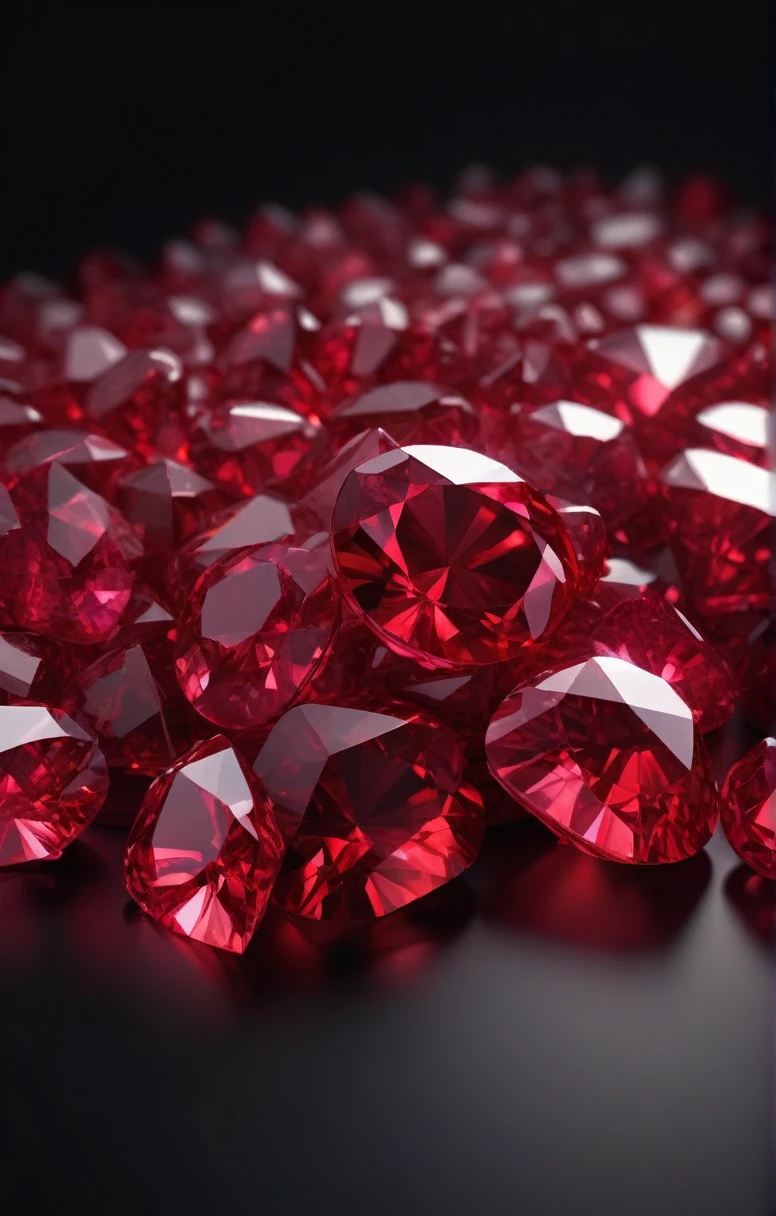 Faceted rubies lie in a pile 3D icon on a black background, side view, red light