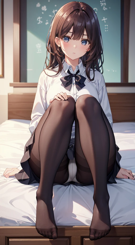 (The whole body from head to toe)、(Full Body)、(No shoes)、(blackpantyhoseの内側に白いパンティ)、(blackストッキングの内側に白いパンティ)、(Panty shot)、(Sitting with legs together)、(Sit with your knees bent and your legs apart)、(M-shaped legs)、Brown Hair、Long Hair、bangs、Highest quality、High resolution、8k wallpaper、(figure:0.8)、(Beautiful attention to detail:1.6)、(Highly detailed face)、Perfect lighting、Highly detailed CG、Perfect hands、Perfect Anatomy、Thin legs、(Small Tits)、Sitting on the floor、Sleep on your back、Spread your legs、Look forward、Configuration from below、Positive、Turn your lower body forward、In 8K、Highest quality、The real picture、Intricate details、Ultra-detailed、超High resolution、Depth Field、(Photorealistic、Realistic:1.2),masterpiece, 0.25 :: Front shot、From the center、One Girl、Very beautiful 17 year old girl、See the face and feel、Big eyes、Sexy pose、Fascinating、Perfect Skin、(Small breasts)、Narrow waist、Light blush、solo、Looking at the audience、Five perfect fingers、Small toes、sweating、 wear((School_uniform)、White shirt、Collared shirt、Pleated dress、Grey Dress、(black_pantyhose:1.2)、 blackストッキング、blackpantyhose、(Sculpture Pose:1.1)、 Showing her white panties、Panty shot、Spread your legs、Open legs、Wide-open legs、bedroom 、On the bed