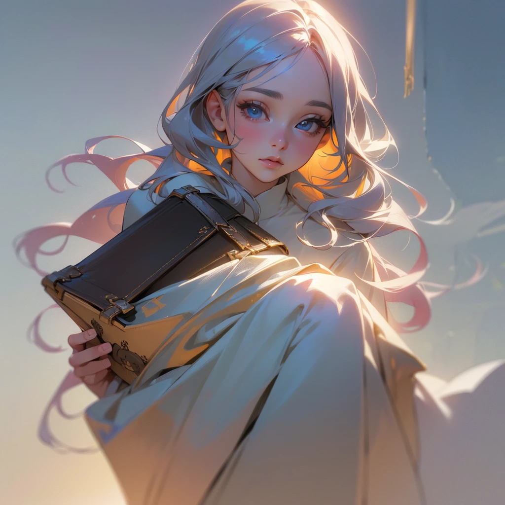 a beautiful young girl with long azure hair, a small and cute girl, carrying a large travel bag larger than her body, holding the bag in her hand, deep blue eyes, full body shot, looking at the camera with a cold gaze, a clean and gentle pose, (best quality,4k,8k,highres,masterpiece:1.2),ultra-detailed,(realistic,photorealistic,photo-realistic:1.37),exquisite details, delicate facial features, beautiful detailed eyes, beautiful detailed lips, extremely detailed eyes and face, long eyelashes, intricate clothing details, soft lighting, muted color palette, tranquil atmosphere