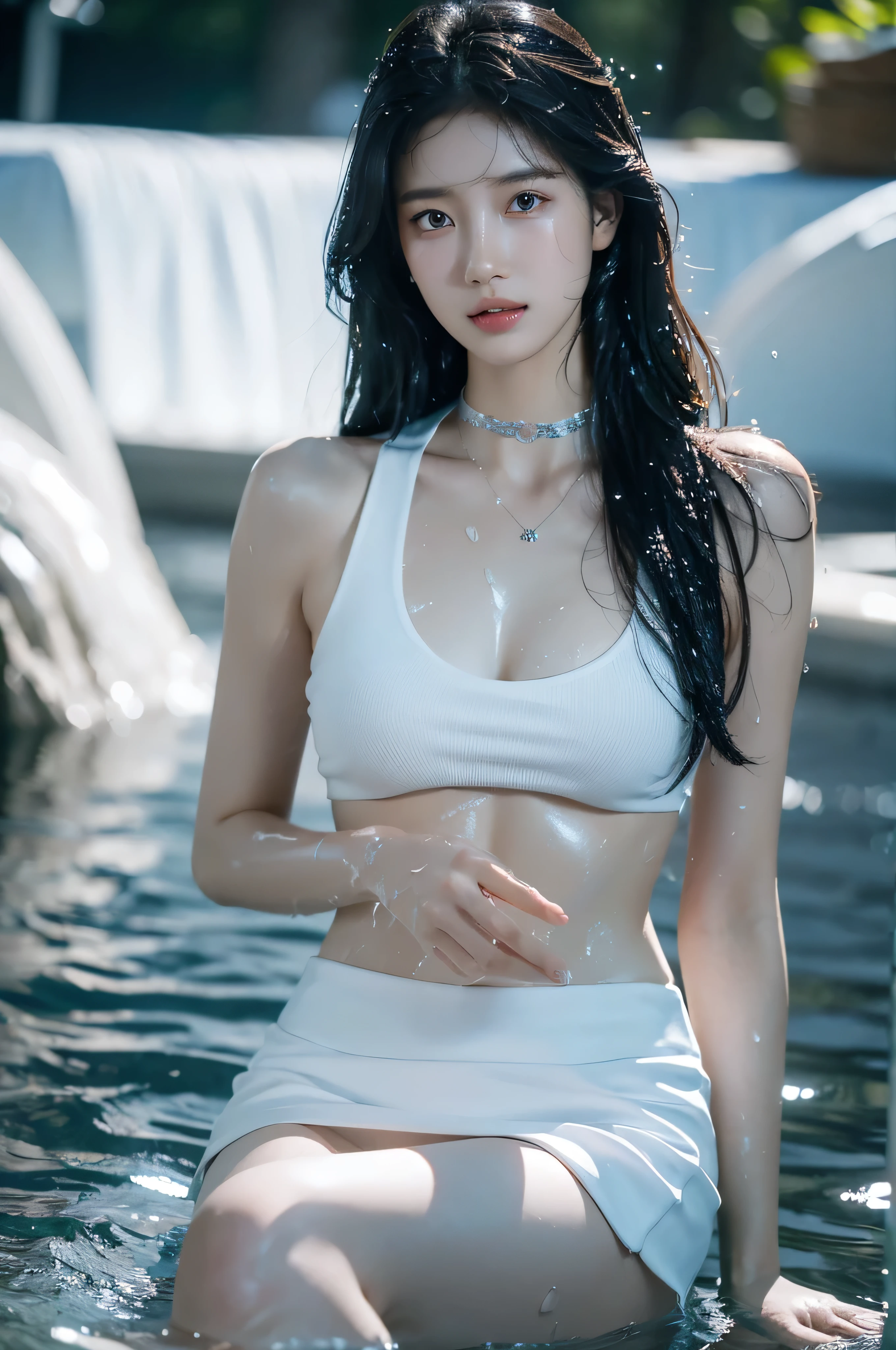 8k, masterpiece, RAW photos, best quality, realistic, extremely detailed CG unity 8k wallpaper, depth of field, Cinematic Light, lens flare, ray tracing, (very beautiful face, beautiful lips, beautiful eyes), A face with intricate details, ((highly detailed skin), Photos of Pretty 1 girl highest quality, ultra high resolution,In reality:1.4), Beautiful woman with a slender body:1.4, pronounced abs:1.4, ultra fine face, Exquisite eyes, double eyelid, choker necklace, black long hair, ((White shirt soaked with water showing breasts)), ((short skirt))