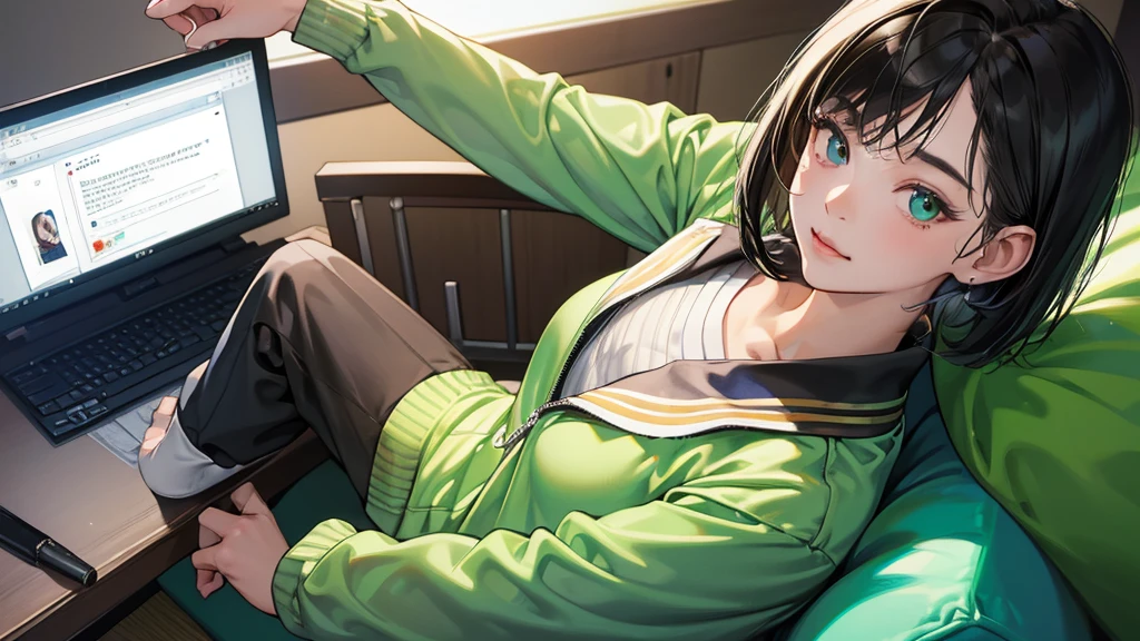 (perfect anatomy:1.2)(absurdres, highres, ultra detailed),masterpiece,best quality,high resolution,8k,Realistic face,Realistic skin texture,magnified textures, stunning clarity,detailed anime girl,(ultra detailed eyes and face),(only 1 girl:1.4)21years old,she is office worker,,black hair, bob cut, No-makeup look,,green school track jacket ,green school track pants,nine inch nails t-thirt,(The chest is visible),11 p.m,sparkling eyes,small nose,roundface,Women's Apartments in japanese suburb,(faint light),(darkness),(midnight),watching a tablet,(wariza:1.4),(happy),