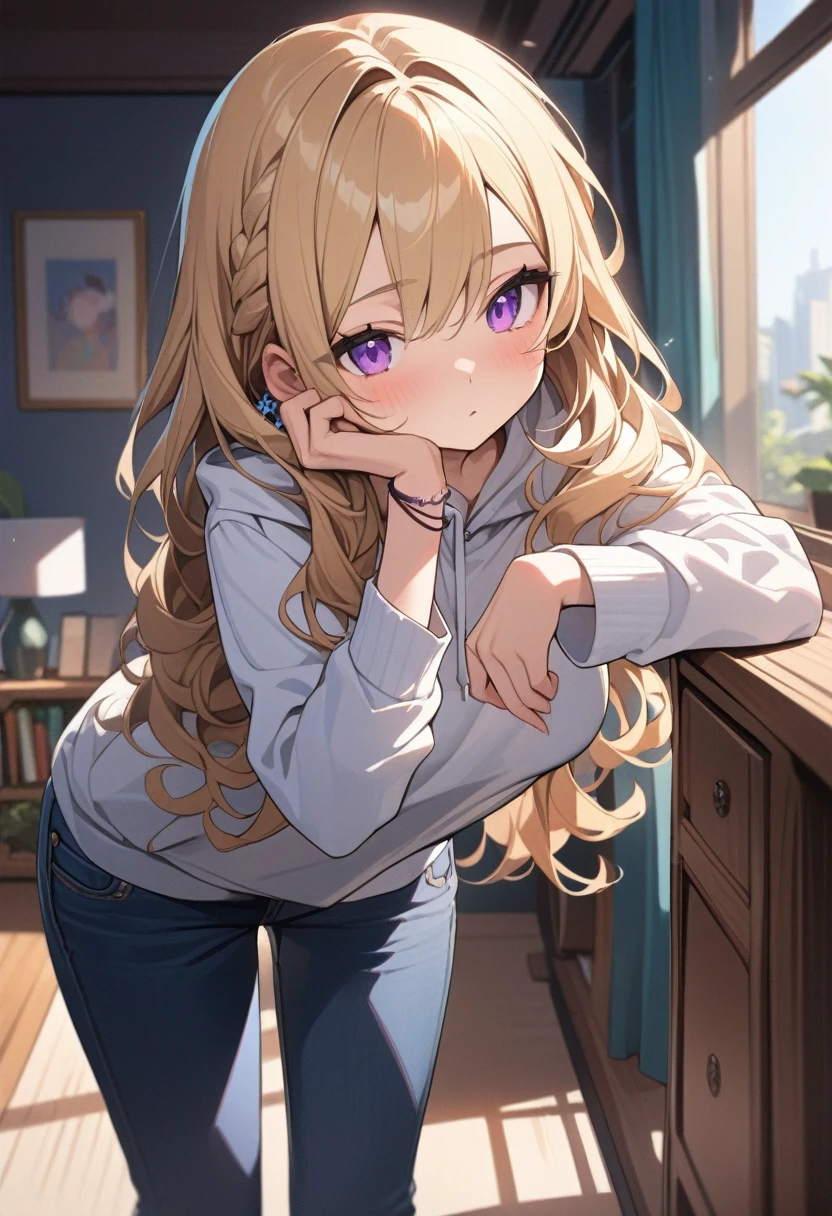 masterpiece, best quality, extremely detailed, ultra detailed, flat anime, 2D,
1girl, (young adult:1.2),blonde hair, (semi-long hair:1.2), curly hair, french braid, medium breasts, purple eyes, tsurime, height 1.7meters, 
white hooded sweatshirt, jeans,  earring,bracelet, long sleeves,socks,
Chin in hand.,jitome,very interesting,
upper body, portrait, 
summer, livingroom, 12AM., standing