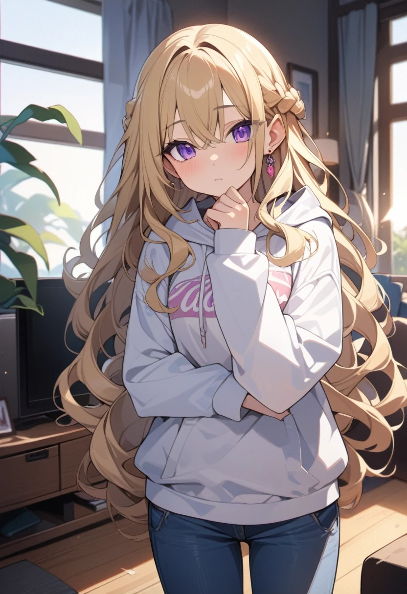 masterpiece, best quality, extremely detailed, ultra detailed, flat anime, 2D,
1girl, (young adult:1.2),blonde hair, (semi-long hair:1.2), curly hair, french braid, medium breasts, purple eyes, tsurime, height 1.7meters,
white hooded sweatshirt, jeans, earring,bracelet, long sleeves,socks,
Chin in hand.,jitome,very interesting,
upper body, portrait,
summer, livingroom, 12AM., standing