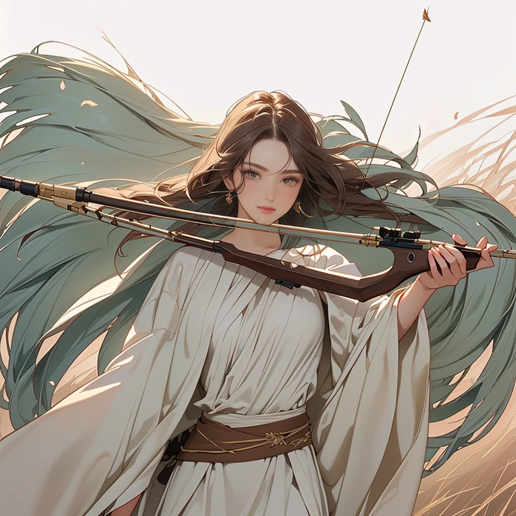 ((Masterpiece, top quality, high resolution)), ((highly detailed CG unified 8K wallpaper)), Greek women holding a bow, arrow tip, aiming at viewer, full body, fluttering thin robe wrapped around body,a scene from Greek mythology,