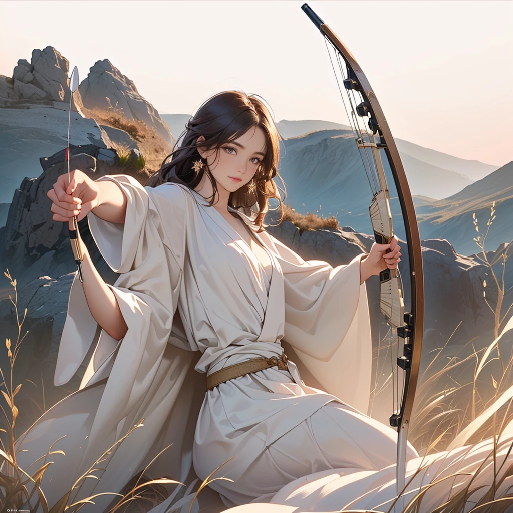 ((Masterpiece, top quality, high resolution)), ((highly detailed CG unified 8K wallpaper)), Greek women holding a bow, arrow tip, aiming at viewer, full body, fluttering thin robe wrapped around body,a scene from Greek mythology,