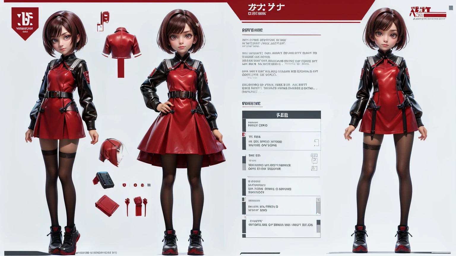cute girl in a short gaming dress , short hairs, , red gaming , smiling face, short dress full straight standing pose, 14yo student, Character Sheet, Full body, modern girl, games girl, Simple white background, character reference sheet, Concept art, design sheet, HD, full body, standing