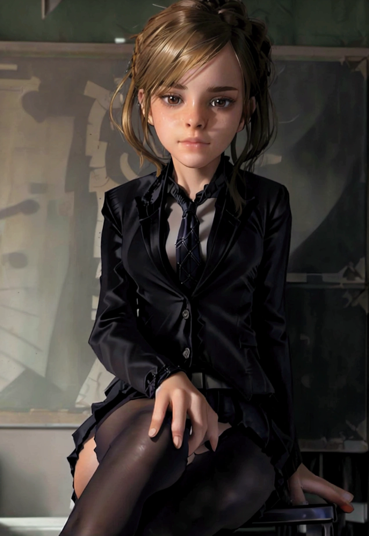 beautiful Emma Watson, very detailed eyes and face, beautiful detailed eyes, huge file size, very detailed, high resolution, very detailed, best quality, masterpiece, (((School Classroom)), (((simple blazer))), (((pleated very tiny miniskirt))), (((The pattern of the skirt and tie is a check pattern.:1.3))), very detailed, CG, 8K wallpapers, amazing, fine details, masterpiece, best quality, very detailed CG uniform 8K wallpapers, my face shines, cinematic lighting, 1 woman, 16 years old, (((dynamic pose))), (( sheer pantyhose sit with legs crossed.)), ((whole body))