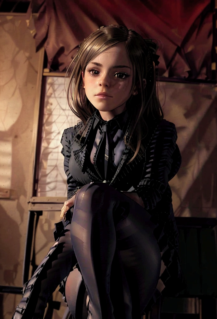 beautiful Emma Watson, very detailed eyes and face, beautiful detailed eyes, huge file size, very detailed, high resolution, very detailed, best quality, masterpiece, (((School Classroom)), (((simple blazer))), (((pleated very tiny miniskirt))), (((The pattern of the skirt and tie is a check pattern.:1.3))), very detailed, CG, 8K wallpapers, amazing, fine details, masterpiece, best quality, very detailed CG uniform 8K wallpapers, my face shines, cinematic lighting, 1 woman, , (((dynamic pose))), (( sheer pantyhose sit with legs crossed.)), ((whole body))