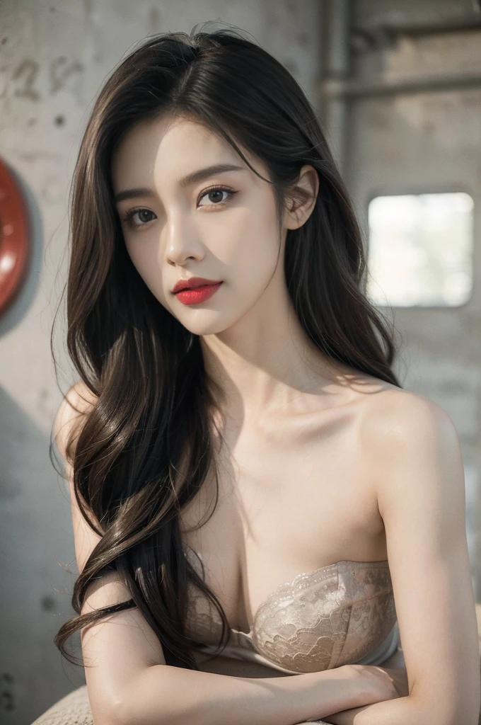 (((best quality))),(((ultra detailed))),(((masterpiece))),illustration,((1 beautiful girl,solo)),((slim,thin)),((small breasts,flat chest)),(shoulder length straight hair:1.2),summer afternoon,((unfinished concrete room,alluring,gray walls)),(strapless black lace bra:1.3),seductive,elegant,full bosom,fair skin,golden strands,delicate features,deep brown eyes,mischief,mystery,enchanting smile,vibrant red lips,serene beauty,self-assuredness,industrial ambiance,raw cement walls,exposed pipes,sexuality,allure,refined beauty,compelling visual narrative,seductive gaze,elegant posture,industrial backdrop,lasting impression,((from front,close-up of face))