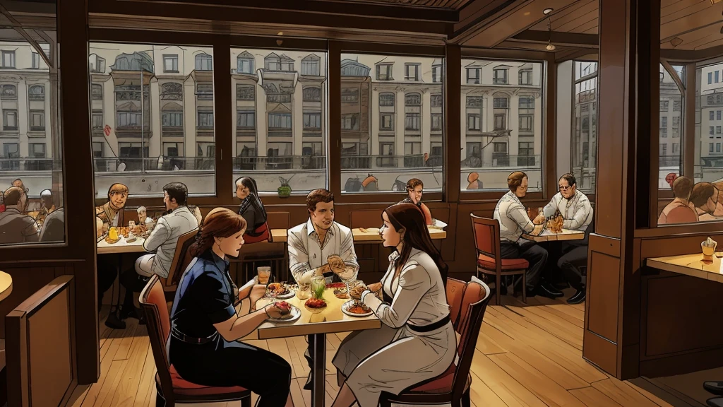 a restaurant, a restaurant в москве, public place, indoors, big windows, luxury, дорогой a restaurant, people have lunch, workers greet guests, Marvel Comics Style, comics