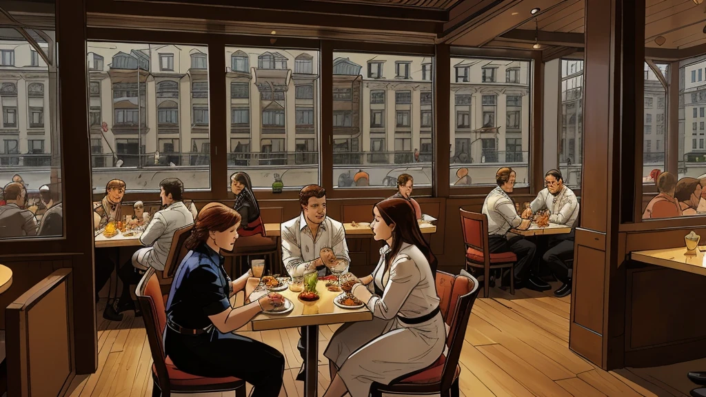 a restaurant, a restaurant в москве, public place, indoors, big windows, luxury, дорогой a restaurant, people have lunch, workers greet guests, Marvel Comics Style, comics