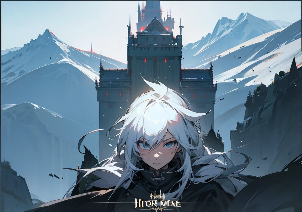 _anime movie poster style, Demon Hunter, High Icon Castle Tower Background, Snow Mountain Background, it&#39;It&#39;s snowing,The main character is a young man with white and blue hair.,(short hair:0.4),  (focus on young men: 0.8), Zoom lens shot, By Ufotable Studio,Skeleton Army,Secondary Dragon(((Masterpiece))), (((best quality))), (Very detailed CG unity 8k wallpaper..)