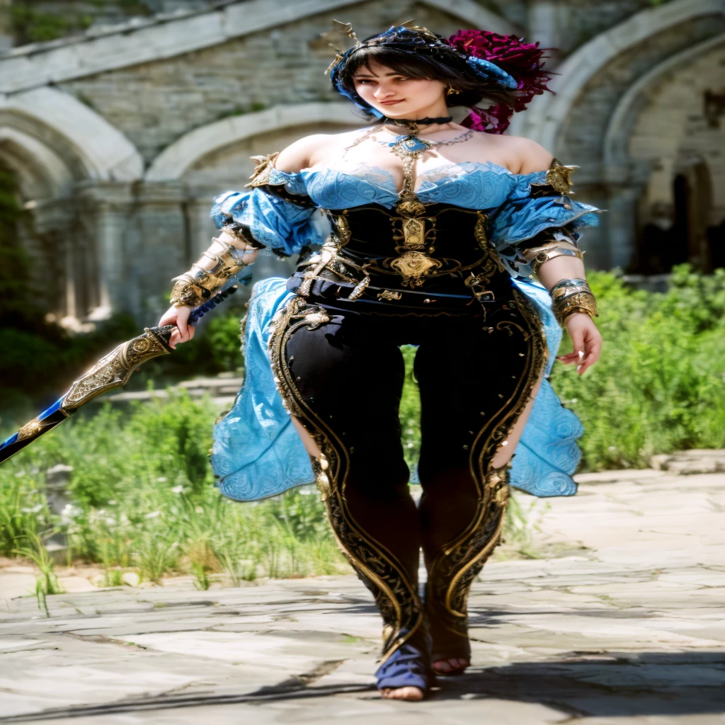 arafed woman in a blue dress holding a sword and a sword, Fantasy Clothing, costume with blue details, photogenic details on the armor, wearing an ornate outfit, intricate armor details, light blue armor, well - detailed outfit, complex outfit, ornate bikini armor, warrior outfit, detailed fantasy armor, detailed armor, ornate armor, ornate attire, Fantasy with 4K detail