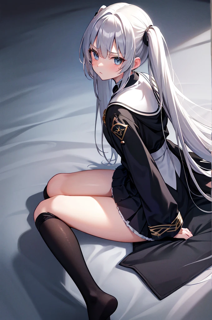 from above,silver hair, twintails, very long hair, アニメ, best quality, masterpiece、Black mini skirt、Black high neck half zipper、Black Pantyhose、looking at the camera、look back、Serious face
