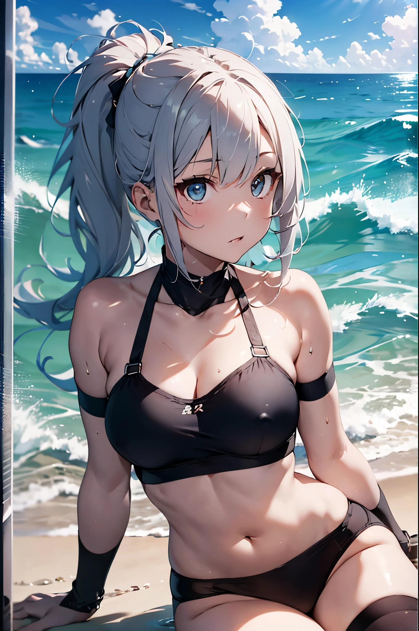 High resolution,
One beautiful young woman,Silver Hair、ponytail、
(Soft Saturation:1.3), (Fair skin:1.2),
(ultra-Detailed Background, Detailed Background), Bokeh,
break&#39;Portrait of a smiling girl.,
When viewed from the front, The composition is symmetrical,
Looking straight at you with serious eyes,
break Swimwea、, Center of chest, Full body outdoors, Sea surface, null, sunlight,Summer beach, Sandy Beach,
Strong light, Front lighting, 
(Teen:1.3), (Cowboy Shot:1.2),
Front brake angle,
View your viewers,
Dynamic pose,
sitting on the beach

Seaweed、Seaweed、Seaweed、Seaweed、Seaweed、Seaweed、Seaweed、