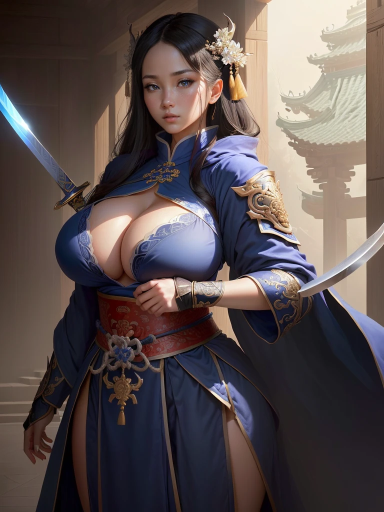 a man in a blue robe holding a knife and a sword, inspired by Cao Zhibai, inspired by Dong Yuan, inspired by Huang Ding, inspired by Hu Zaobin, inspired by Wu Bin, inspired by Xuande Emperor, liang xing, pan ren wei, inspired by Li Kan, inspired by Guan Daosheng, inspired by Wu Zuoren, Highly detailed CG unit 8k wallpaper, masterpiece, High resolution, highest quality, highest quality real texture skin, Super Real, Digital Painting, Best image quality, 最High resolution, 8k, (((Highly detailed eyes and face, Beautiful eyes every detail))), (((Saggy breasts, Gravity-dependent breasts, long chest, Heavy chest, ))), ((disproportionate breasts, huge breasts, sagging breasts, gigantic breasts)), black hair,