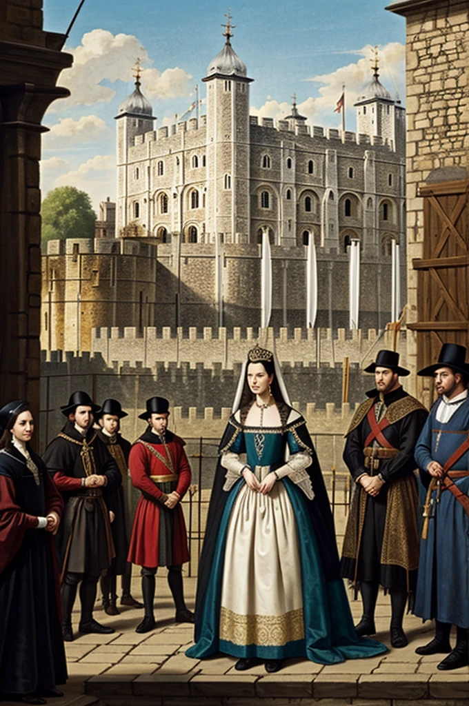 Prompt: "Anne Boleyn at the scaffold, with the Tower of London in the background. She stands composed, with a small crowd of onlookers and the executioner readying his sword."
Size: 1792x1024
