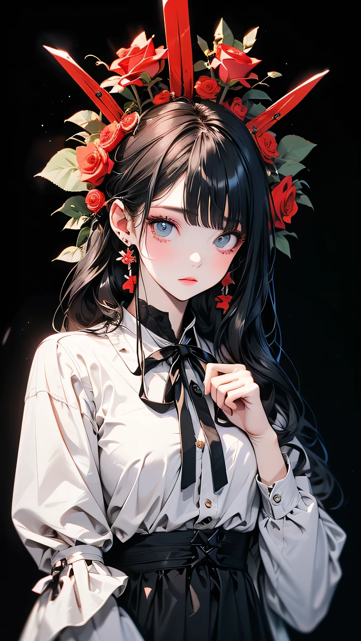 ((masterpiece, Highest quality)),Best aesthetics,One girl, alone, Beautiful eyes in every detail, Long Hair, Black Dress, flower, ribbon, Black background, Black Hair, Rose, hair ribbon, Green Eyes, Long sleeve, white Rose, black ribbon, Upper Body, Cinema Lighting