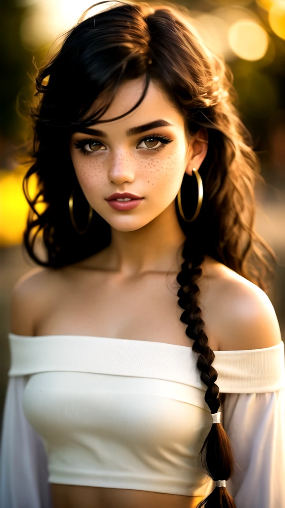 masterpiece,best quality, realistic illustration, style of Philip Lorca diCorcia, girl aged 18yo, 1girl, solo, black long hair, large braid, olive eyes, light freckles, toned body, large bust size, dark skin, dark makeup, wearing an off the shoulder blouse, wet, hoop earrings, perfect lips, posing for the camera, pretty face, vignette, realistic features, highly detailed body, high budget, bokeh, cinemascope, moody, epic, gorgeous, whole body photo, film grain, grainy