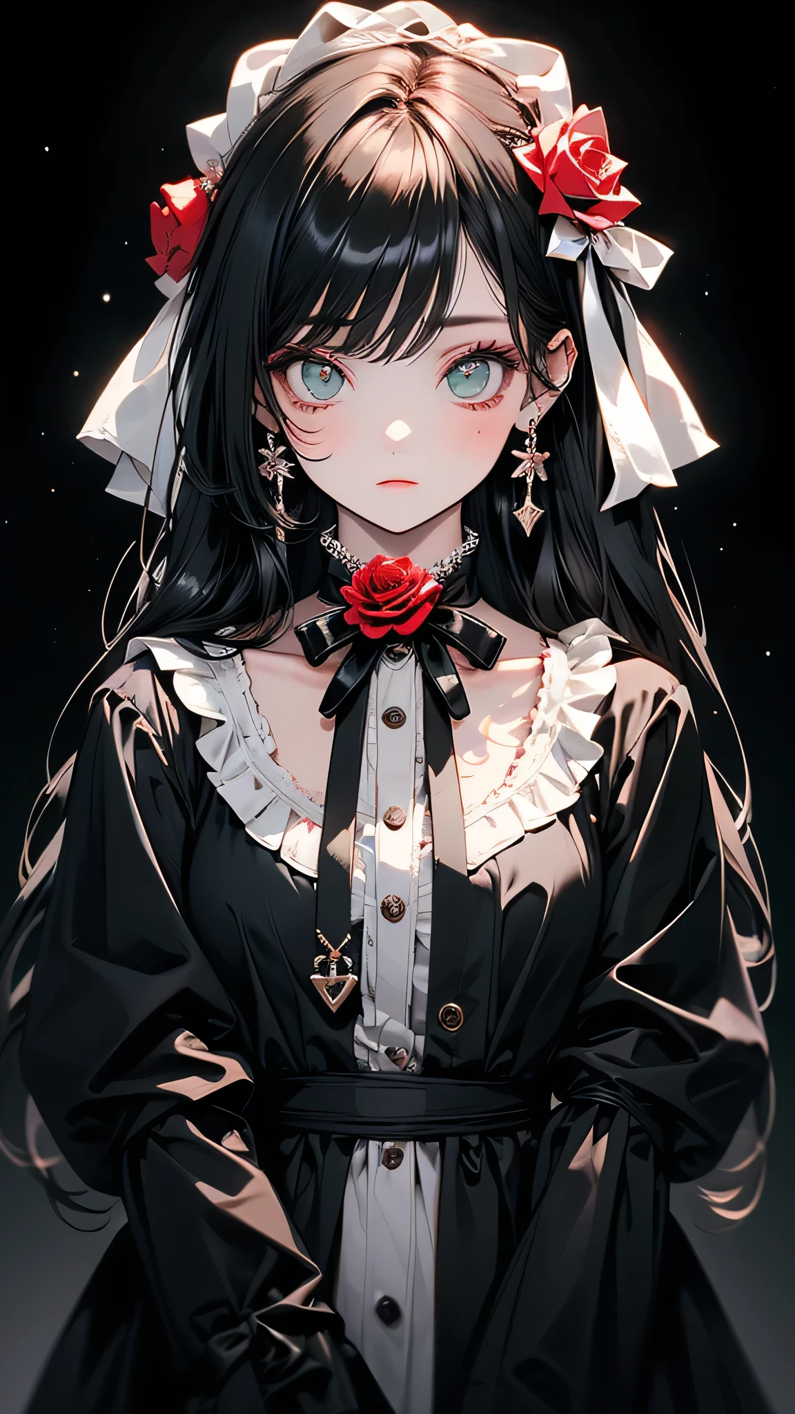 ((masterpiece, Highest quality)),Best aesthetics,One girl, alone, Beautiful eyes in every detail, Long Hair, Black Dress, flower, ribbon, Black background, Black Hair, Rose, hair ribbon, Green Eyes, Long sleeve, white Rose, black ribbon, Upper Body, Cinema Lighting