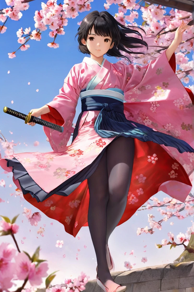 10 year old girl underwear, Sakura Shinguji、Realistic bloomers made from patterned cotton fabric, Japanese clothing and hakama, Fabric Realism, Low - Angle, I see bloomers, Pull up the dress by hand, Strong winds, Translucent slip, Translucent slip, tights, Highest quality, whole body、Black Hair、Holding a sword