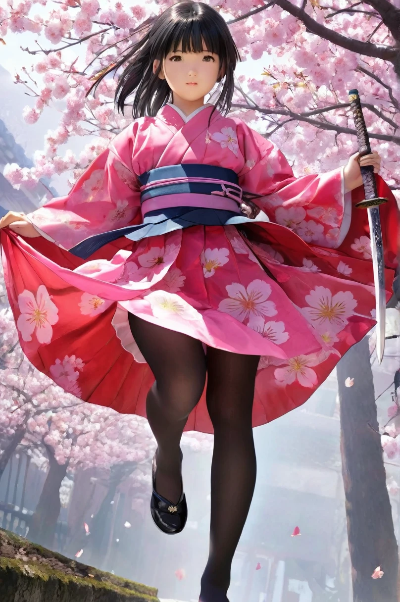 10 year old girl underwear, Sakura Shinguji、Realistic bloomers made from patterned cotton fabric, Japanese clothing and hakama, Fabric Realism, Low - Angle, I see bloomers, Pull up the dress by hand, Strong winds, Translucent slip, Translucent slip, tights, Highest quality,  whole body、Black Hair、Holding a sword