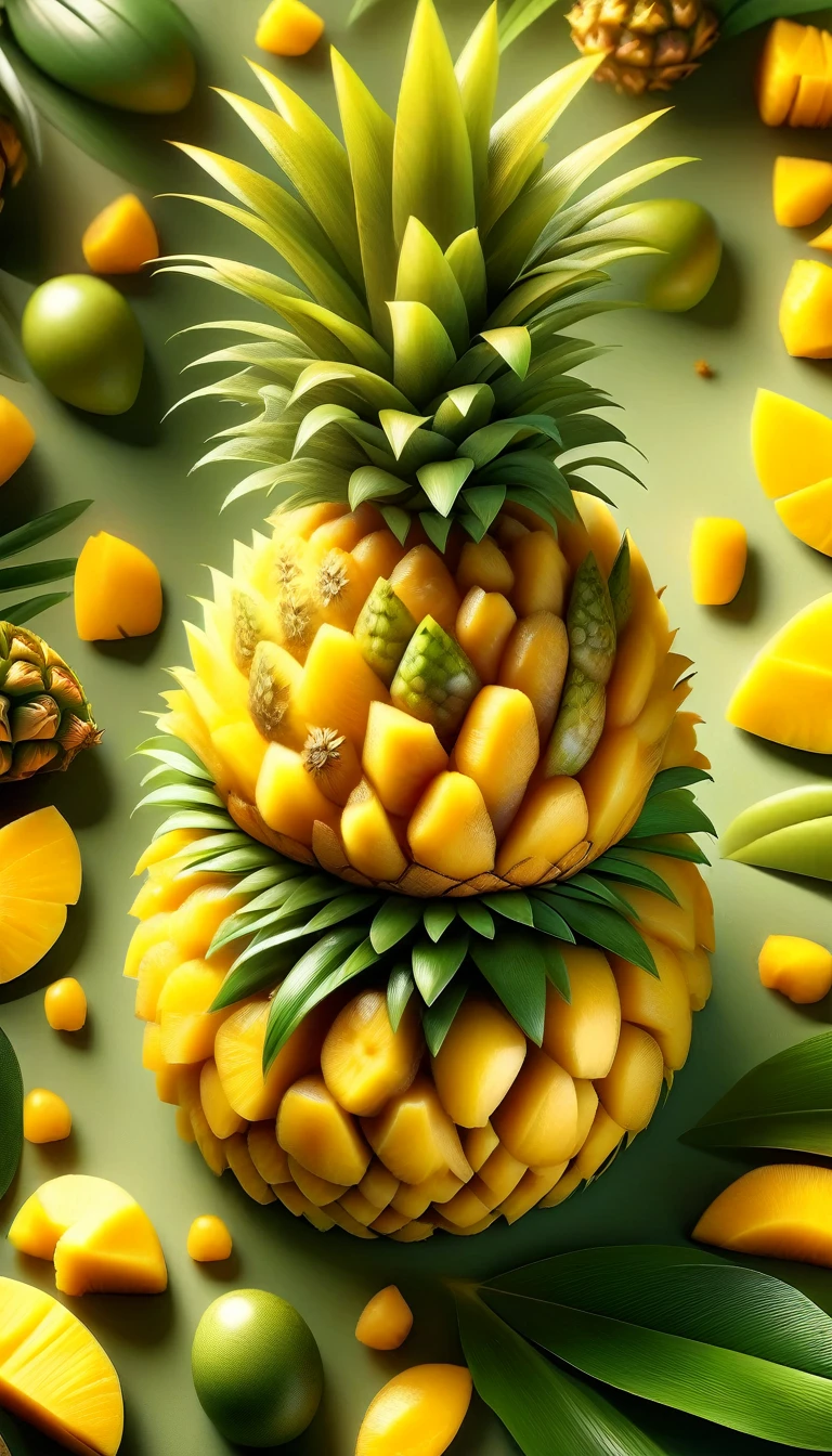 a luscious ripe pineapple , intricate detailed realistic photorealistic pineapple , tropical fruit, closeup high detailed pineapple , glossy ripe pineapple , golden yellow mango, juicy pineapple , bright natural lighting, 8k, hyperrealistic, photographic quality, cinematic lighting