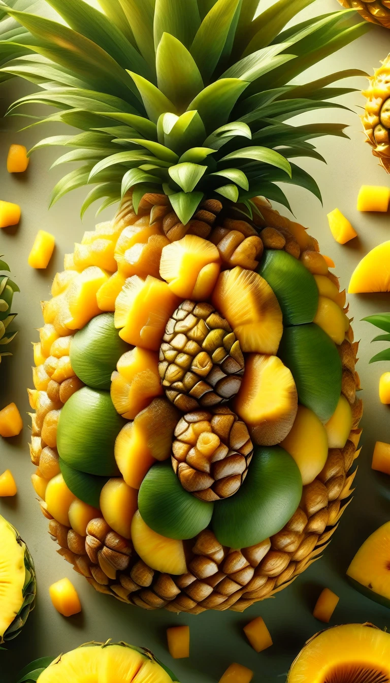 a luscious ripe pineapple , intricate detailed realistic photorealistic pineapple , tropical fruit, closeup high detailed pineapple , glossy ripe pineapple , golden yellow mango, juicy pineapple , bright natural lighting, 8k, hyperrealistic, photographic quality, cinematic lighting