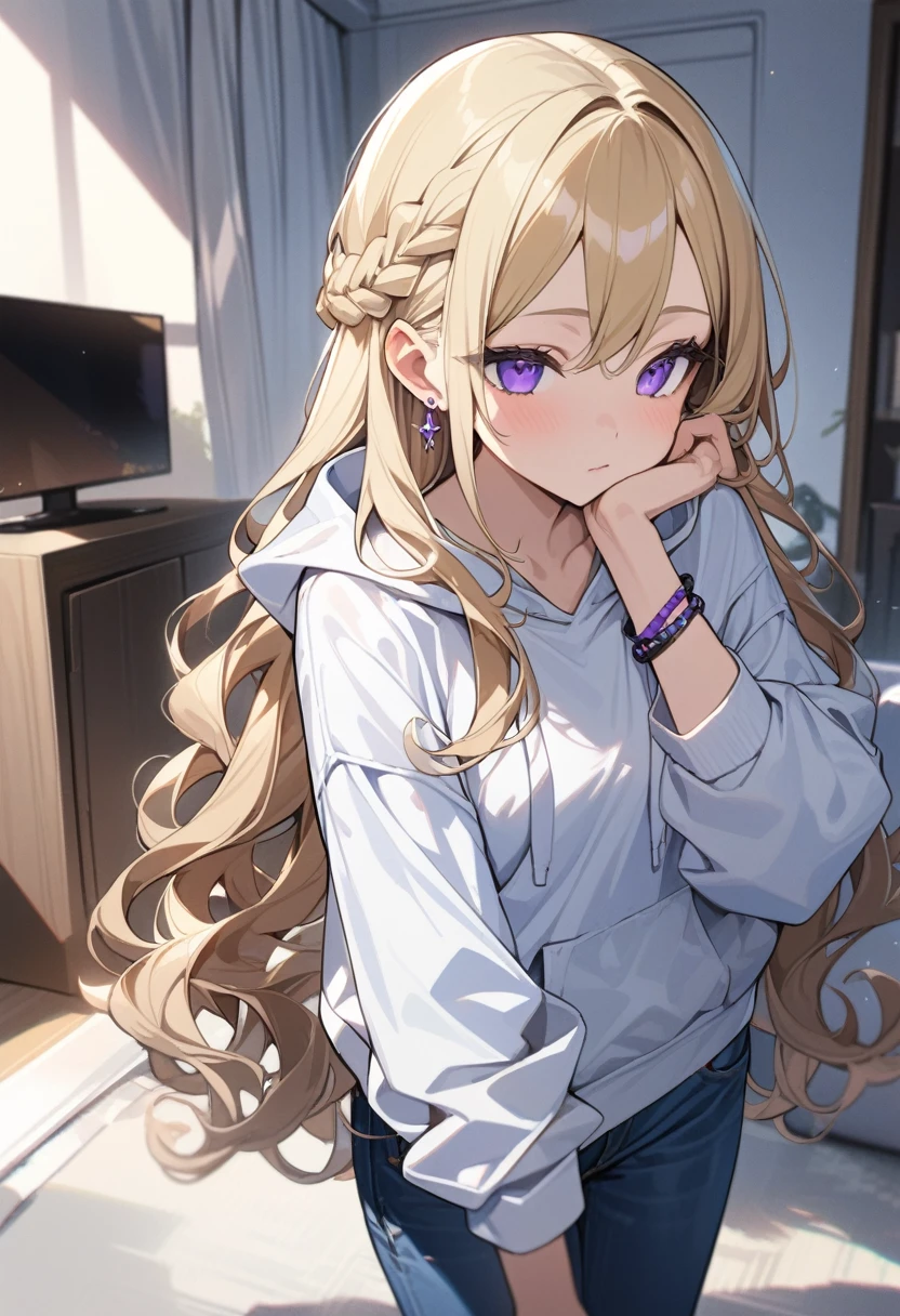 masterpiece, best quality, extremely detailed, ultra detailed, flat anime, 2D,
1girl, (young adult:1.2),blonde hair, (semi-long hair:1.2), curly hair, french braid, medium breasts, purple eyes, tsurime, height 1.7meters, 
white hooded sweatshirt, jeans,  earring,bracelet, long sleeves,socks,
Chin in hand.,jitome,very interesting,
upper body, portrait, 
summer, livingroom, 12AM., standing