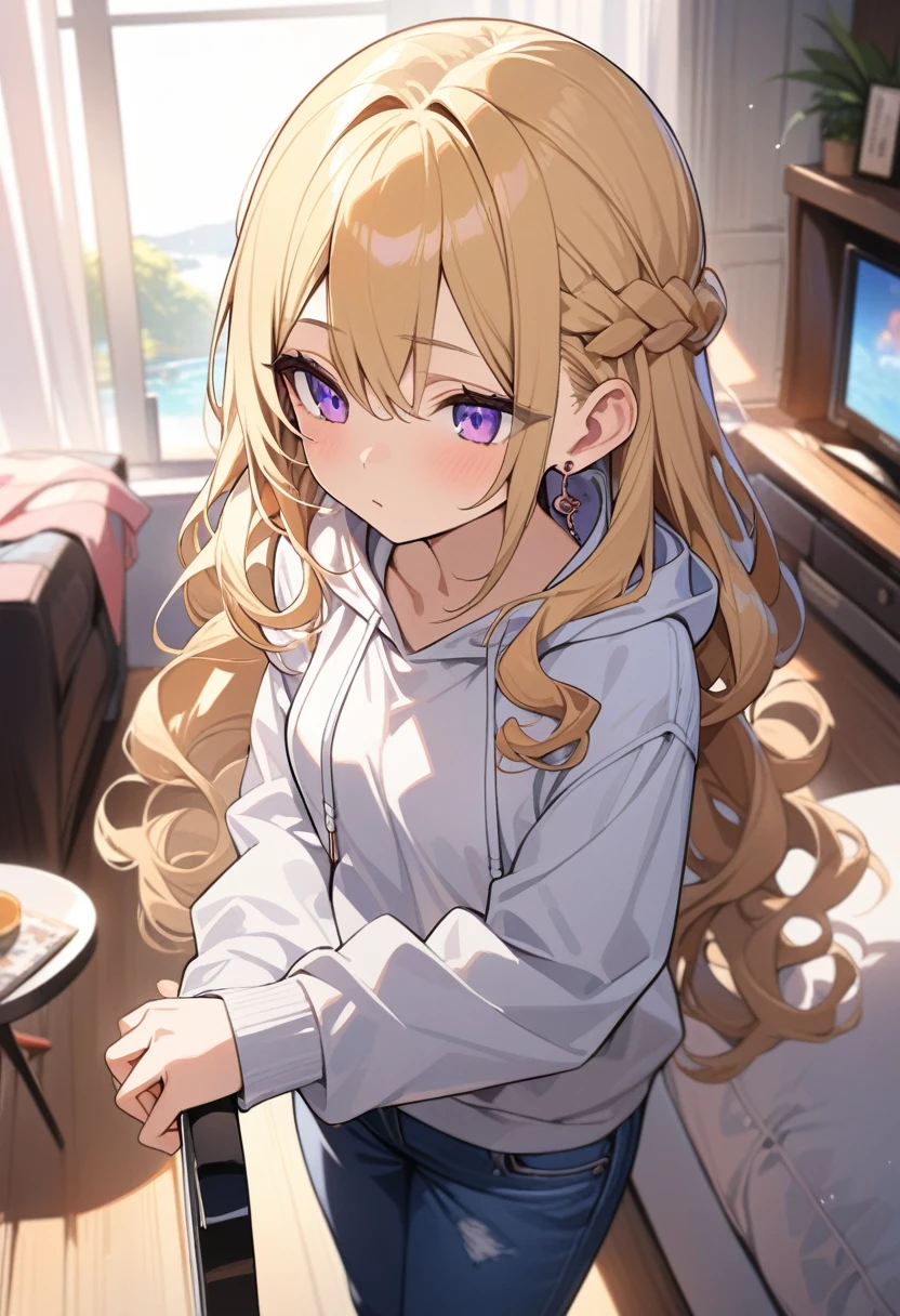 masterpiece, best quality, extremely detailed, ultra detailed, flat anime, 2D,
1girl, (young adult:1.2),blonde hair, (semi-long hair:1.2), curly hair, french braid, medium breasts, purple eyes, tsurime, height 1.7meters, 
white hooded sweatshirt, jeans,  earring,bracelet, long sleeves,socks,
Chin in hand.,jitome,very interesting,
upper body, portrait, 
summer, livingroom, 12AM., standing