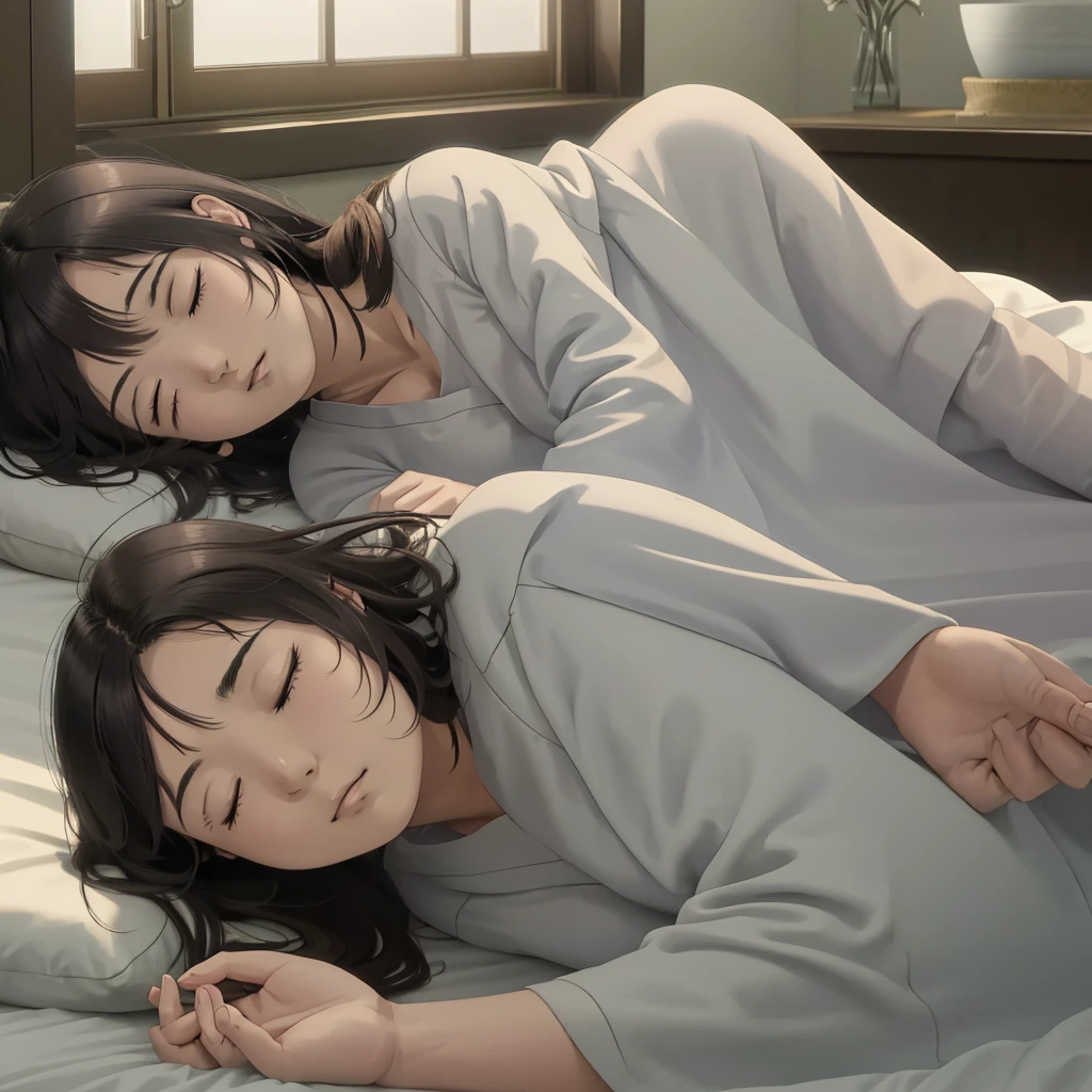 "A serene anime-style scene of a young woman peacefully sleeping in bed, lying on her side, with soft morning sunlight streaming through a nearby window, casting gentle shadows. She has long brown hair, a calm expression, and is covered with a cozy blanket. The atmosphere is warm and tranquil, evoking a sense of comfort and relaxation."