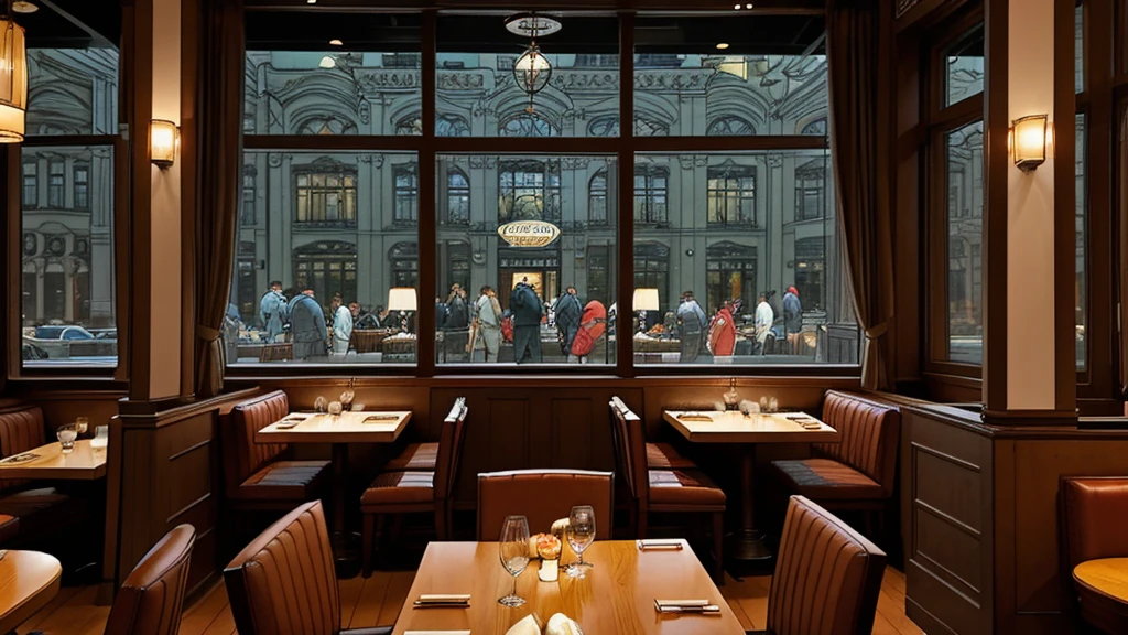 a restaurant, a restaurant в москве, public place, indoors, big windows, luxury, дорогой a restaurant, people have lunch, workers greet guests, Marvel Comics Style, comics