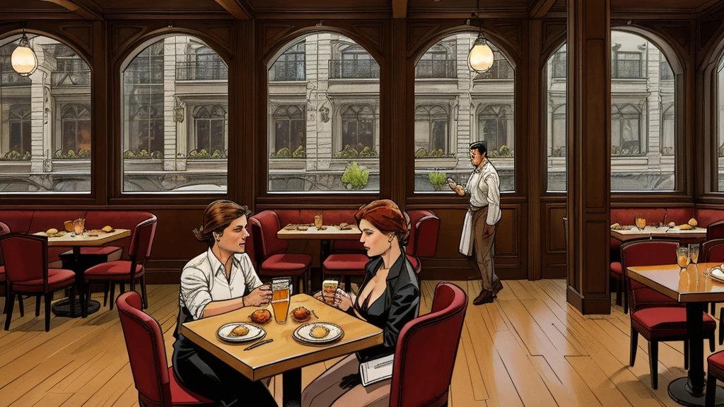 a restaurant, a restaurant в москве, public place, indoors, big windows, luxury, дорогой a restaurant, people have lunch, workers greet guests, Marvel Comics Style, comics