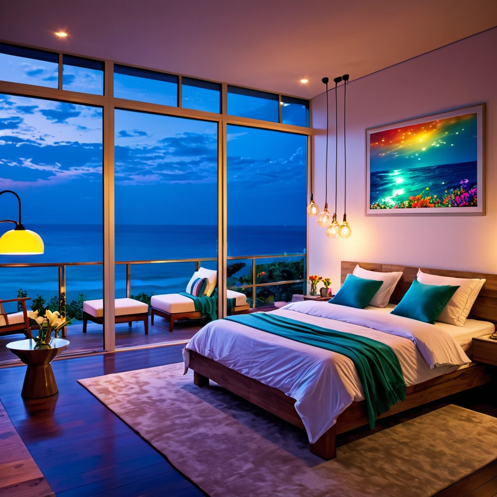 bedroom- magical- lighting- colorful- seaview-