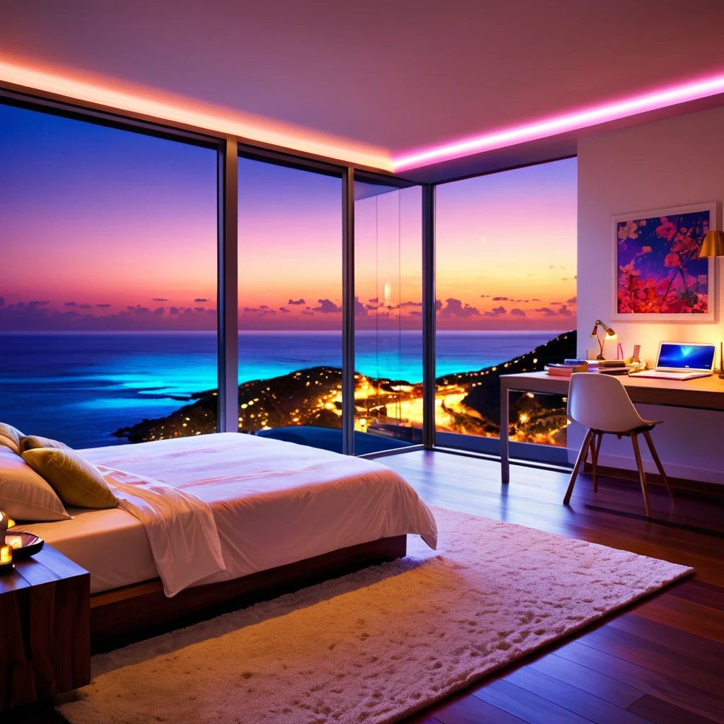 bedroom- magical- lighting- colorful- seaview-