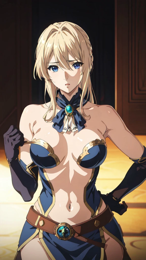 Straight face、nsfw,Cowboy Shot,Areola、topless,Violet Evergarden, gloves, brooch, Blur the eyes, blonde
