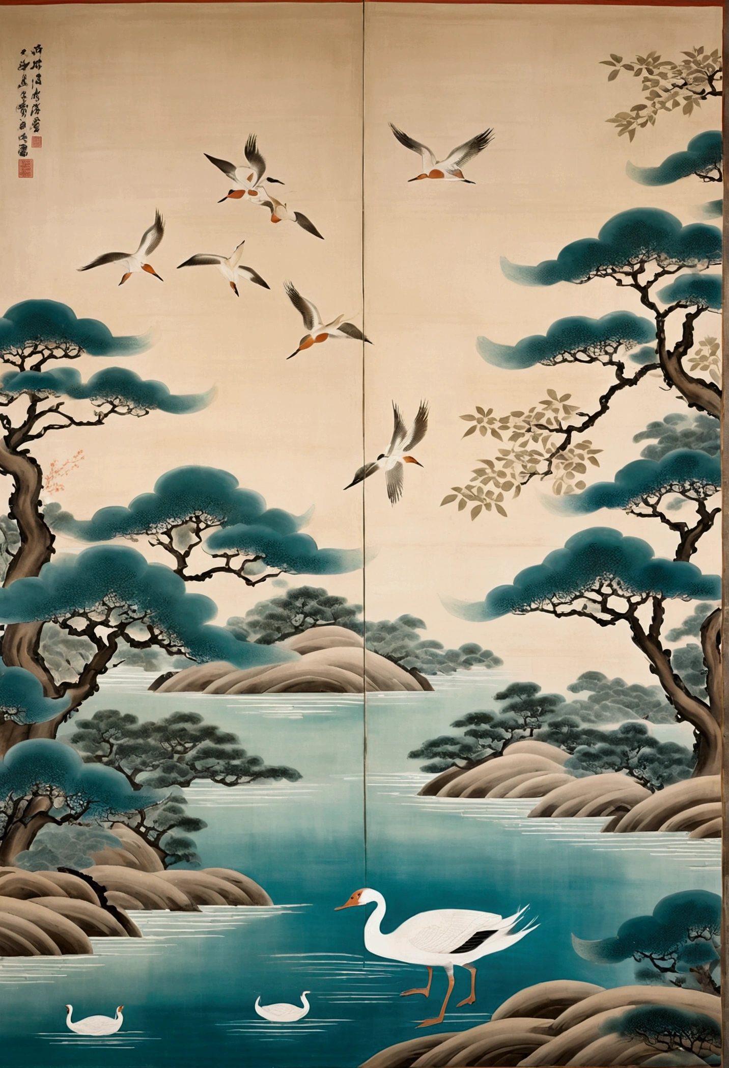 Song Dynasty Mural , Heian Period, Zen, Cyan Light Beige style, Chinese eaves, Wild goose, Historical painting, ultra-fine Details, Meticulous Style, New Chinese Style, landscape painting, Symmetrical composition