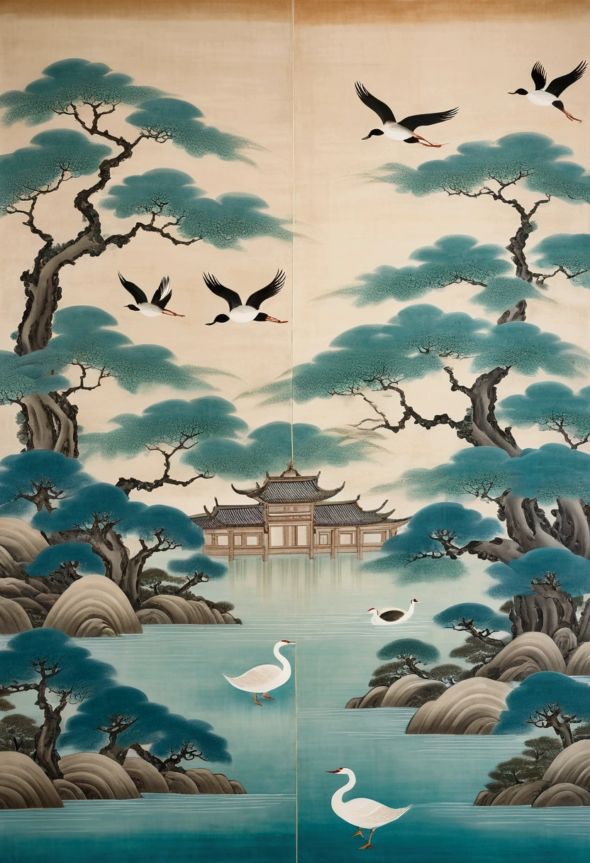 Song Dynasty Mural , Heian Period, Zen, Cyan Light Beige style, Chinese eaves, Wild goose, Historical painting, ultra-fine Details, Meticulous Style, New Chinese Style, landscape painting, Symmetrical composition