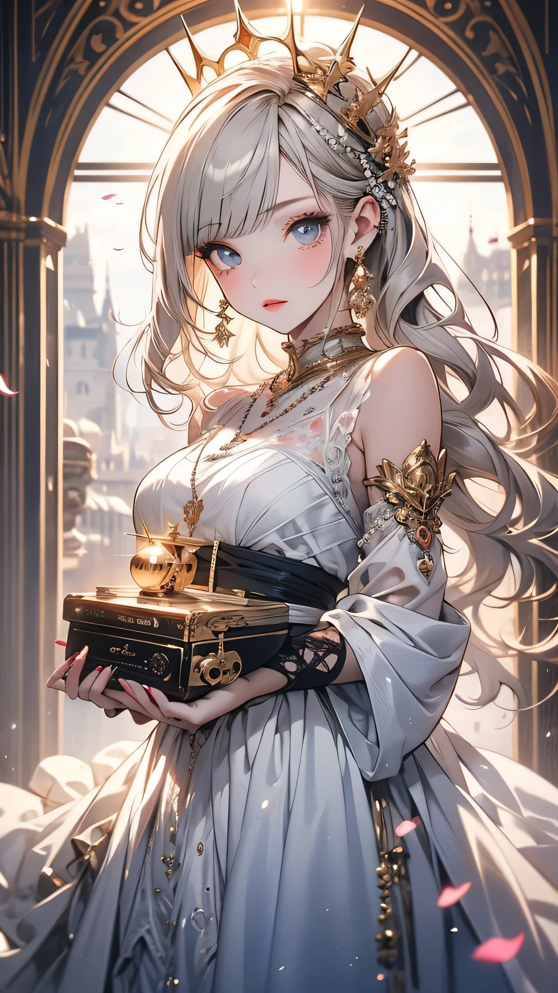 A woman in a white dress is holding a music box, artwork in the style of Gwaiz, Gwaiz on pixiv artstation, Gwaiz on artstation pixiv, Gwaiz, Fantasy art style, Gwaiz masterpiece, Beautiful and elegant queen, Beautiful character drawings, Detailed digital anime art, Blonde Princess, Gray Hair, Sky blue eyes, Pink Lips